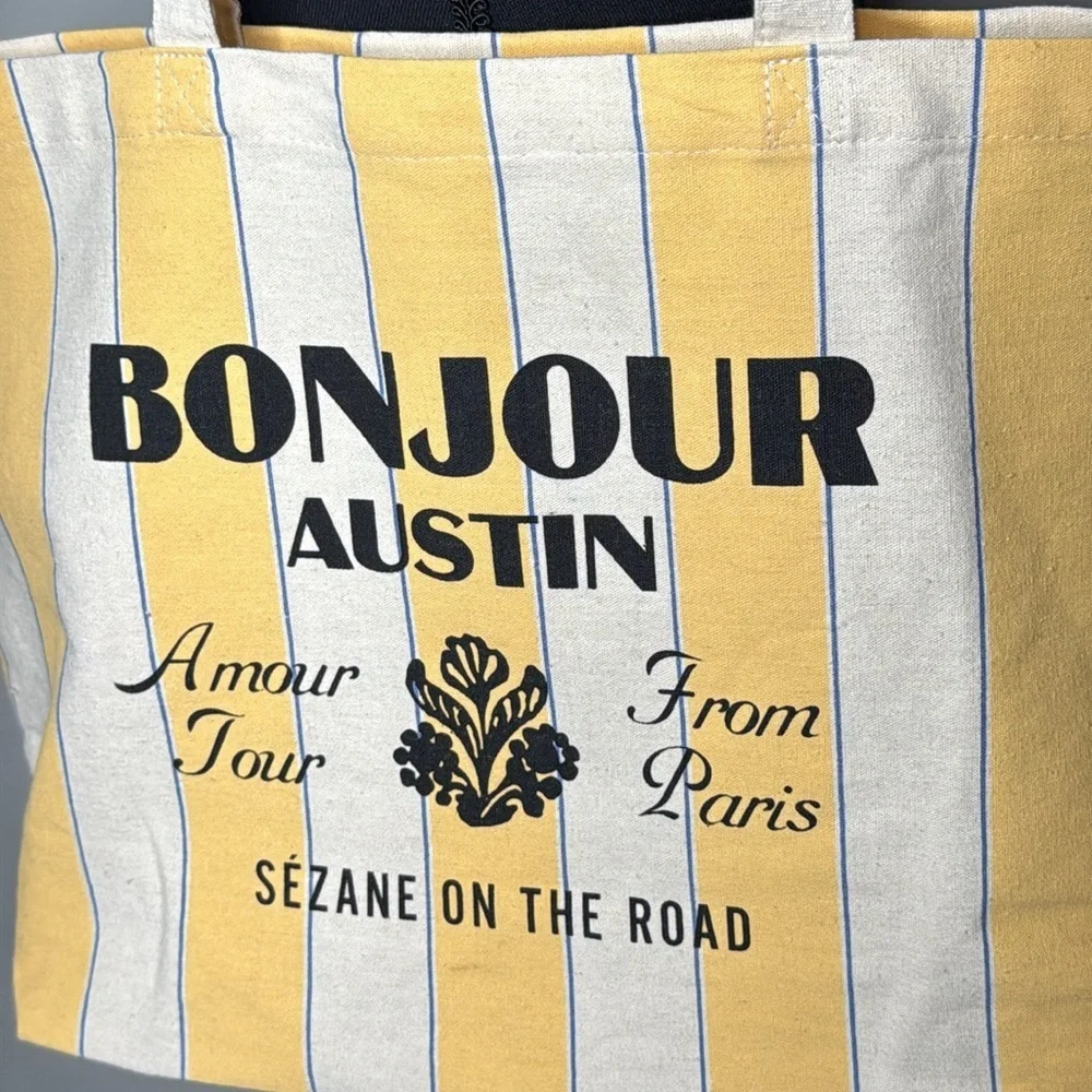 Sezane Bonjour Austin Yellow & Ecru Striped Cotton Tote Bag NEW - Picture 3 of 4